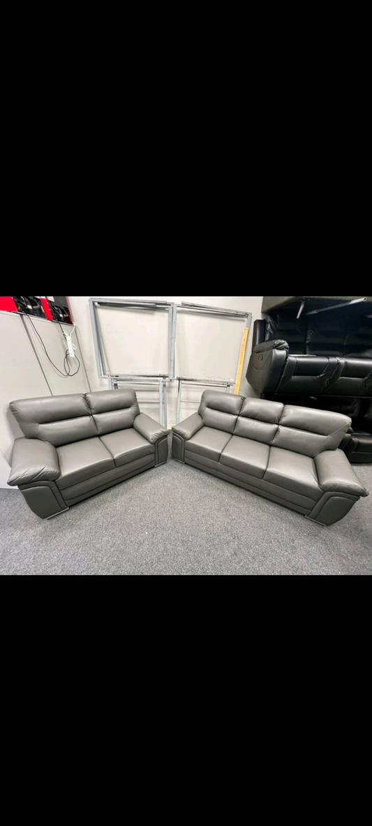 3 & 2 Seater dark grey leather sofa